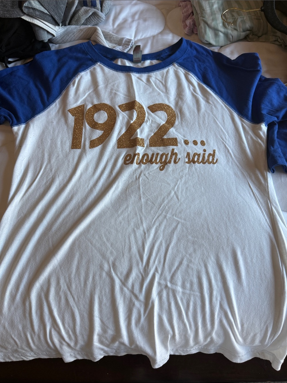 Women's/Youth White and Royal Blue Raglan Graphic Tee with Gold Glitter Print